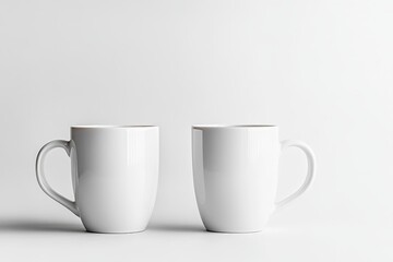 Two blank white coffee mugs on a white background.
