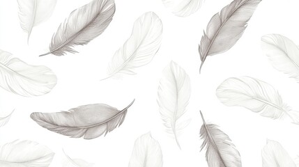 5.Black-and-white hand-sketched feather pattern on a clean white background, with each feather drawn in a light, flowing style; subtle linework and hatching emphasize natural textures, creating a