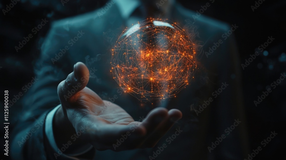 Poster a businessman is depicted holding elements symbolizing global connectivity, embodying big data analy