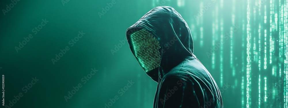 Poster hooded figure shrouded in digital code,symbolizing hacker in futuristic world