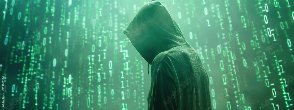 Poster hooded figure standing amidst green digital matrix code,symbolizing hacker in digital world