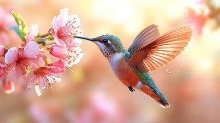 Fototapeta premium A hummingbird in mid-flight, its wings a blur as it feeds from a bright flower