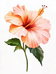Watercolor painting of a pink and orange hibiscus flower on a white background