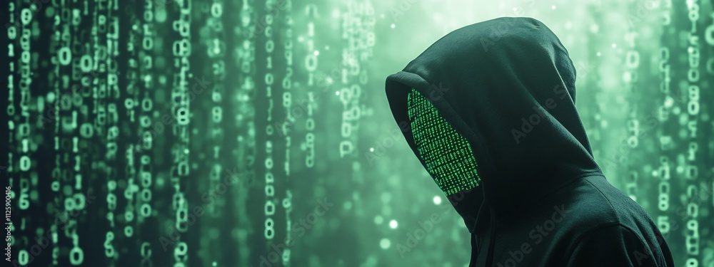 Poster hooded hacker stands amid glowing digital matrix background symbolizing cybersecurity