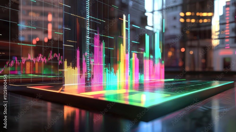 Poster this scene captures a vibrant hologram of stocks, representing financial progress, set against a mod