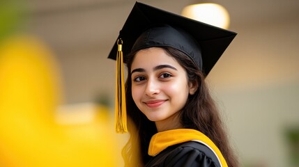 Indian graduation celebration of young woman in academic regalia at ceremony indoor setting joyful moment inspirational concept