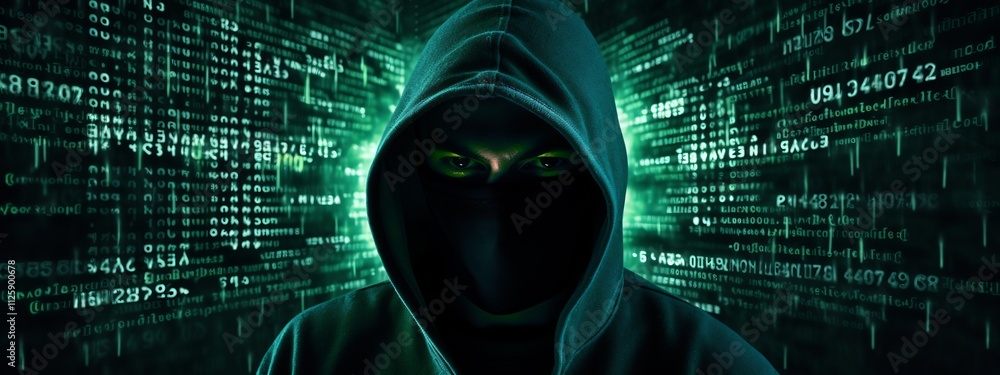 Aufkleber hooded hacker in a matrix digital world symbolizing cybersecurity threats and technology breaches