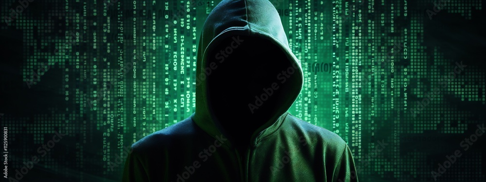 Poster hooded figure amid matrix-style digital code symbolizing hacker in tech world