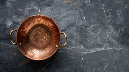 Old copper colander on dark stone background