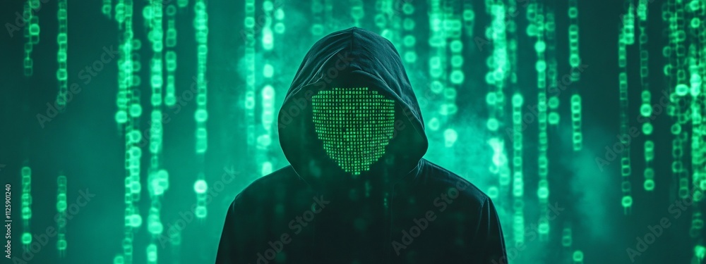 Poster hooded figure symbolizing a hacker in a digital world with green matrix code background