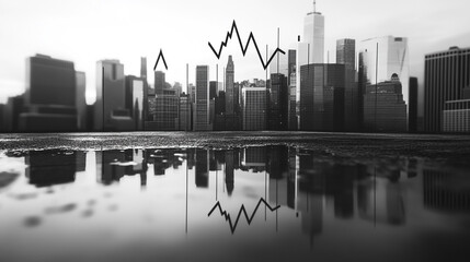 Fototapeta premium City skyline reflection with abstract graph lines in black and white during sunset