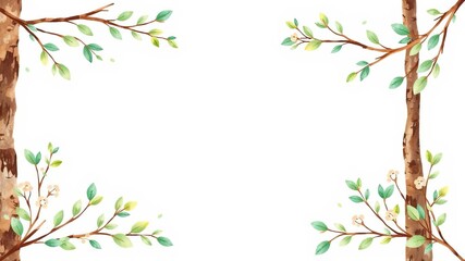 Woodland rectangular frame watercolor border with forest leaves and branches for event invitations, watercolor, woodland