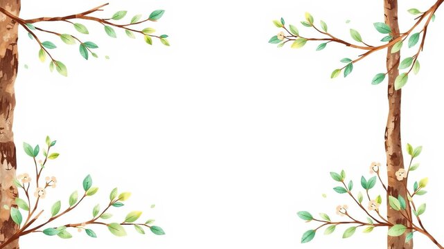 Woodland rectangular frame watercolor border with forest leaves and branches for event invitations, watercolor, woodland