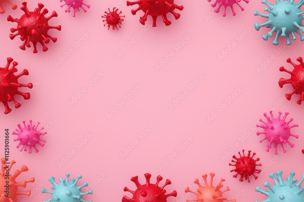Poster biomedical applications concept. colorful virus illustrations on a pink background creating a frame 
