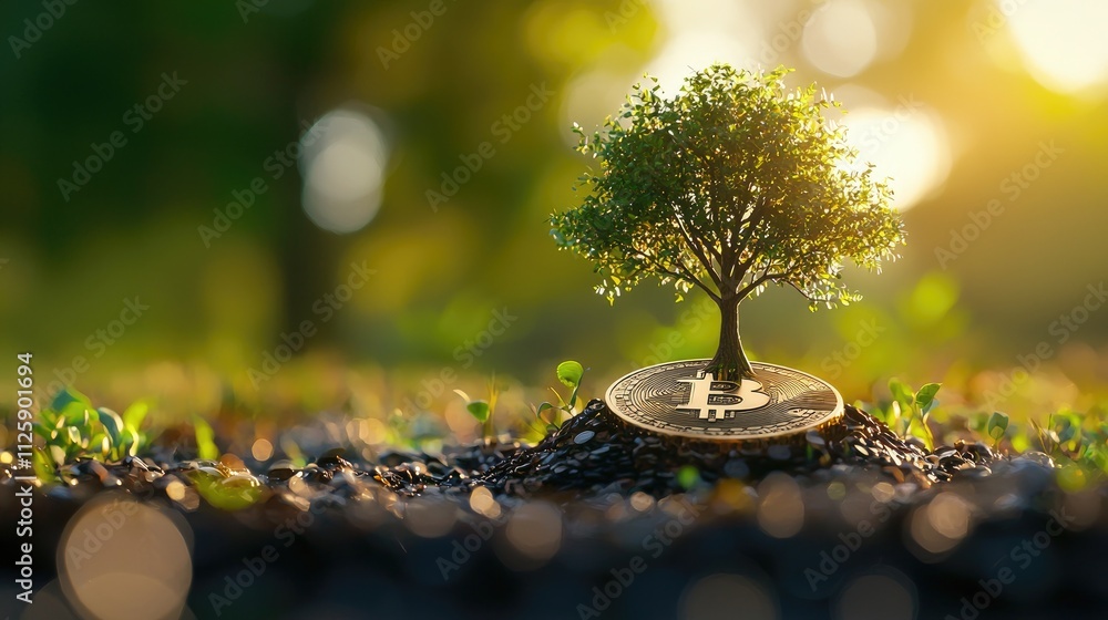 Poster A visual representation of renewable energy features a tree growing from a coin with a lightbulb, symbolizing investment and energy savings in an eco-friendly framework.