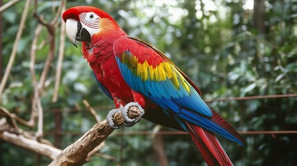31.Bright red parrot with vibrant plumage, the deep red feathers accented with a touch of blue around the neck; the rich color contrast between the red body and blue neck feathers highlights the