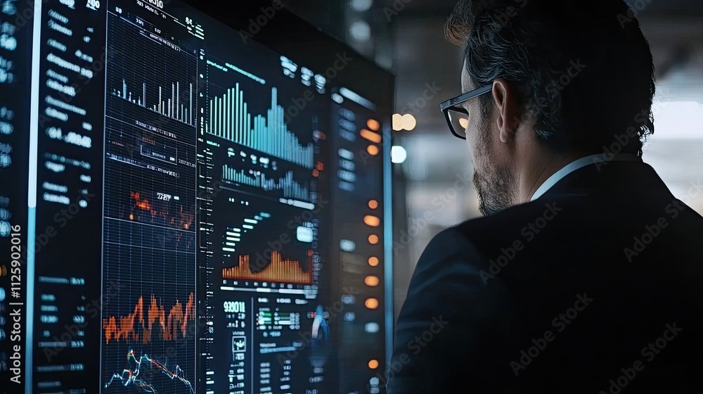 Poster A digital interface displays charts and graphs illustrating big data analytics, with a businessman analyzing information in a sophisticated business intelligence context.