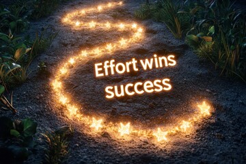 Self development concept featuring motivational quotes for productivity and success. Glowing path with the quote "Effort wins success" illuminated