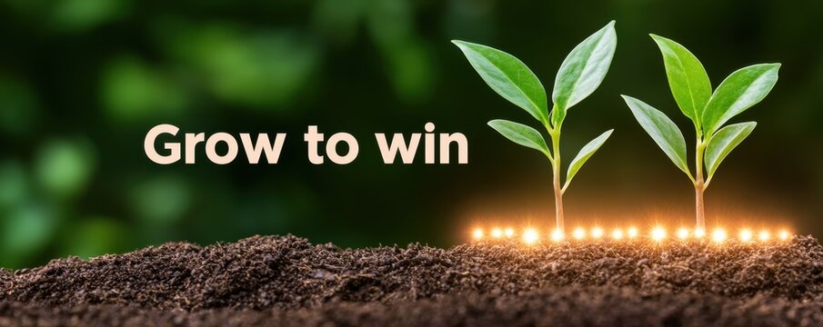 Self development concept featuring motivational quotes for productivity and success. Growing plants with the phrase "Grow to win" in a lush environment