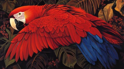 Fototapeta premium 35.Vivid red parrot with a delicate blue neck feather accent, the bold color palette creating a striking visual appeal; the fine texture of the feathers and rich, saturated colors bring out the