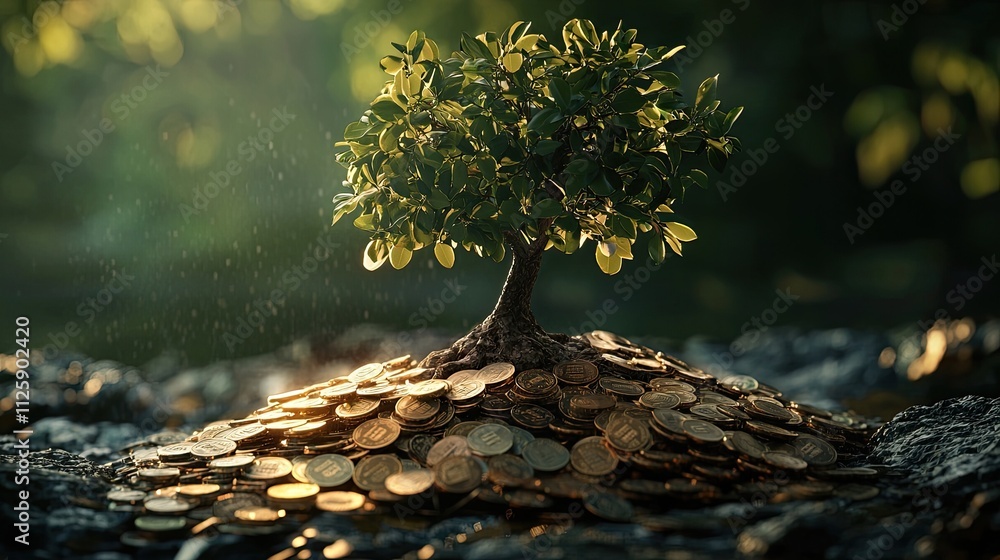 Poster the artwork features a vibrant tree sprouting from a pile of coins, representing both environmental 