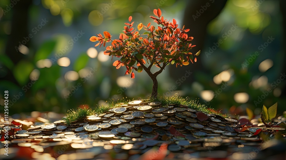 Poster the artwork features a vibrant tree sprouting from a pile of coins, representing both environmental 