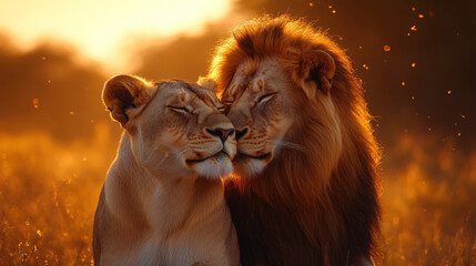 Naklejka premium A pair of lions nuzzling affectionately under the warm light of a setting sun