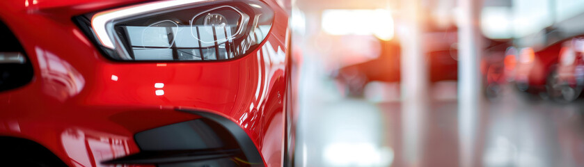 Closeup of a car in a luxury showroom with a red and black theme, showcasing the environment of a modern car dealership with leasing and insurance options