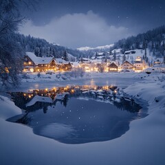 Fototapeta premium serene winter landscape with snow-covered houses and a calm lake