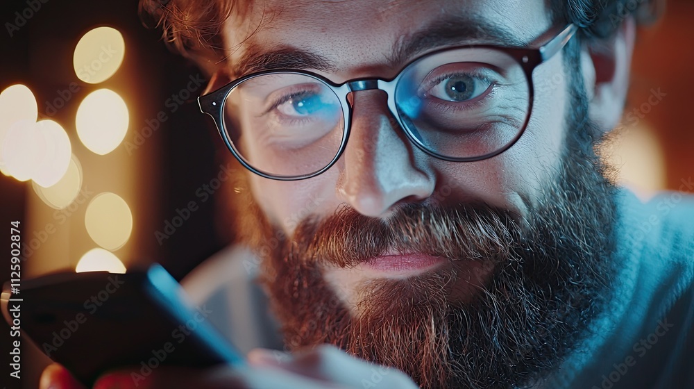 Poster this close-up captures a man enthusiastically using his smartphone, where feedback indicators pop up
