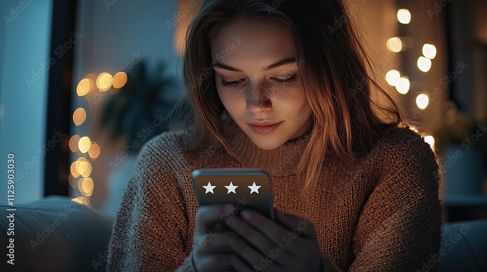 Poster the image shows a woman using her smartphone to assign a five-star rating, reflecting her experience