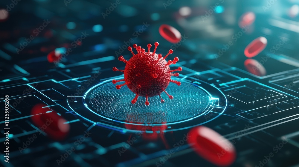 Poster biomedical applications concept. 3d representation of a virus surrounded by digital elements and red