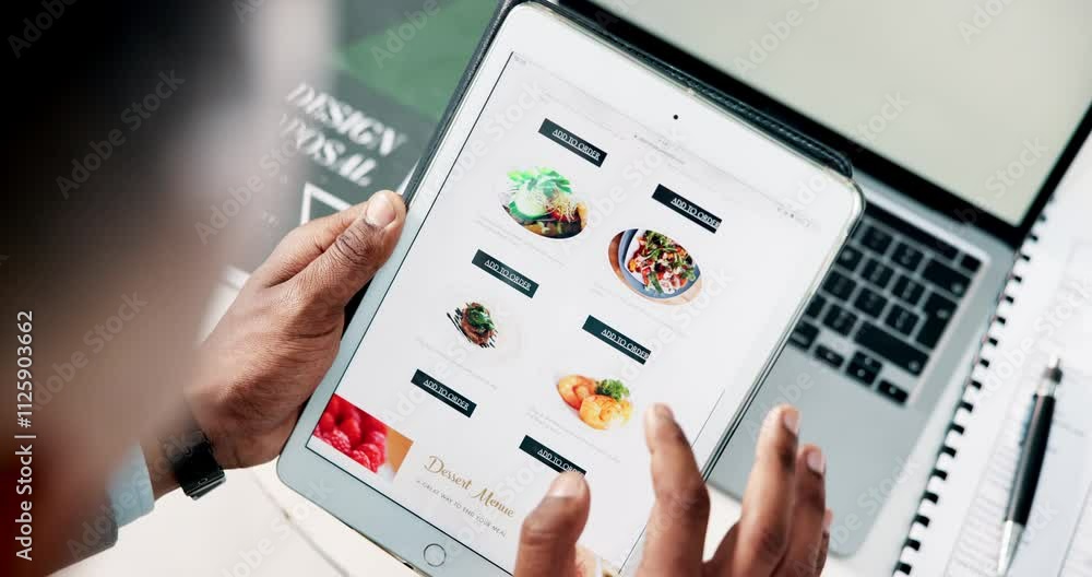 Poster hands, tablet screen and customer experience for food delivery, order and ecommerce on mobile app. p