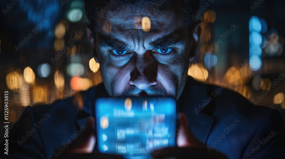 Poster an unhappy businessman is reflected on a smartphone screen, conveying dissatisfaction with poor serv