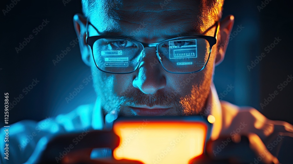 Poster A businessman safeguards personal data on a smartphone, integrating cybersecurity visuals, highlighting privacy and digital safety in modern technology.