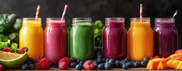 Colorful fruit and vegetable smoothies in mason jars.