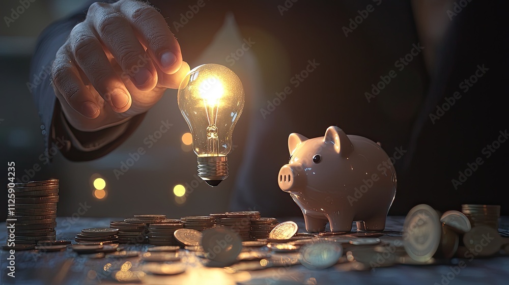 Poster a businessman holds a lightbulb over a piggy bank and coins, symbolizing energy conservation and inv