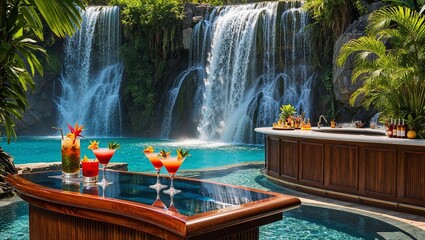 Uma cachoeira paradisíaca em um cenário tropical, com um luxuoso bar de madeira no primeiro plano, drinks vibrantes no balcão e uma atmosfera serena, perfeita para relaxamento e indulgência.