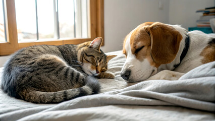 Obraz premium A cat and a dog peacefully sleeping together on a bed, showcasing their friendship and cozy environment.