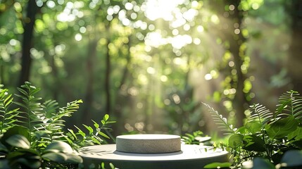 Serene Stone Product Display in a Lush, Sun-Dappled Forest Setting