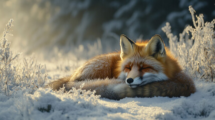 Obraz premium A red fox curled up asleep in a snowy meadow, framed by frost-covered trees