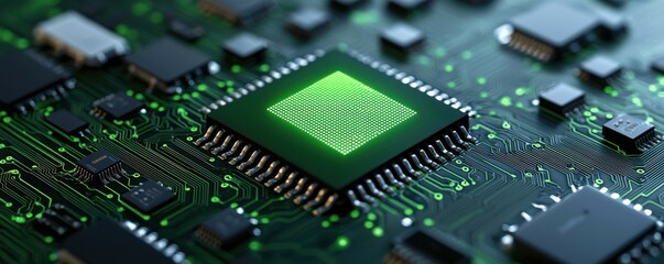 Closeup of green microchip in a futuristic recycling facility