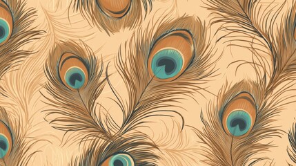 Obraz premium 61.Seamless abstract pattern featuring simple, stylized peacock feathers in a soft summer brown color scheme; the feather motifs are arranged on a warm, earthy background, creating an elegant yet