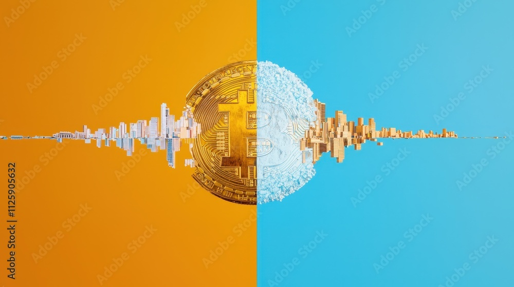 Poster a split screen showing legitimate bitcoin trading on one side and a scam on the other.