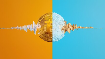 A split screen showing legitimate Bitcoin trading on one side and a scam on the other.