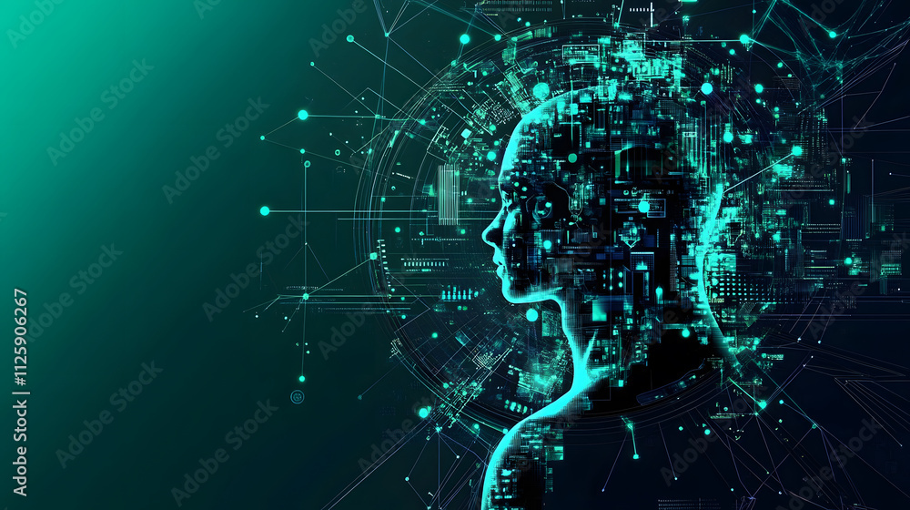 Aufkleber A digital silhouette of a human head, filled with binary code and abstract data patterns, representing the intersection of technology and human intellect