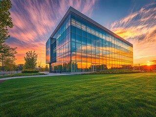 modern glass building reflecting sunset colors