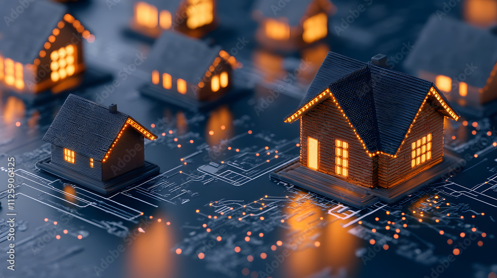 Poster a digital cityscape featuring illuminated model houses on a circuit board, blending technology with 