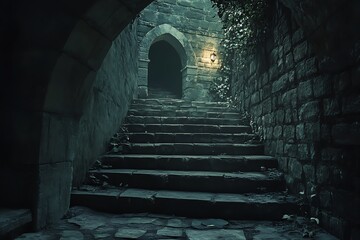 A dimly lit stone staircase leads to an archway, surrounded by greenery and shadows.
