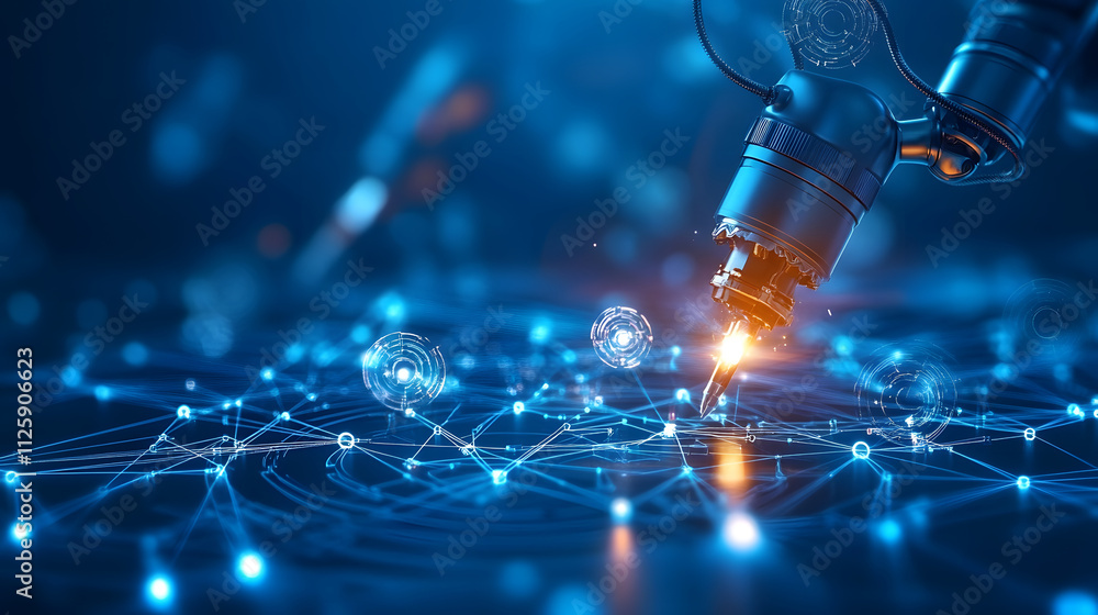 Poster A robotic arm manipulates particles in a glowing network, symbolizing advanced technology and innovation in a digital environment